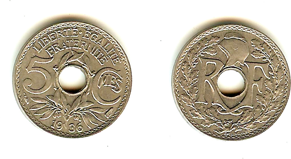 5 centimes Lindauer, petit module 1936 Paris SUP